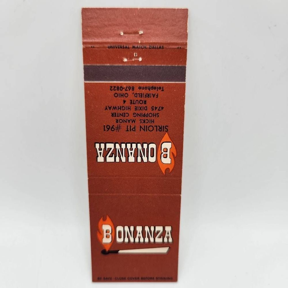 Vintage Matchcover Bonanza Sirloin Pit #961 Fairfield Ohio 4745 Dixie Hwy Hicks